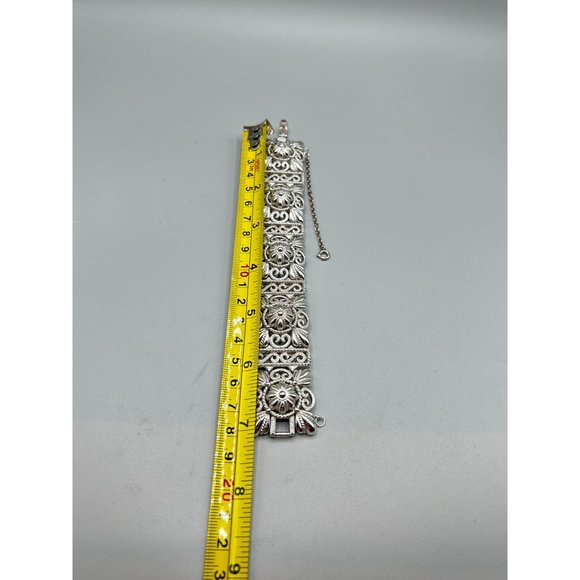 Vintage Signed Trifari Wide Silver Tone Bracelet Ornate Wide Panels Filigree - Picture 9 of 9